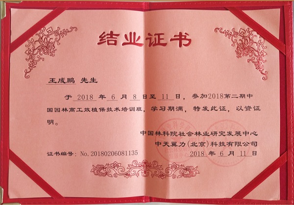 中國(guó)園林高工效植技術(shù)培訓(xùn)結(jié)業(yè)證書